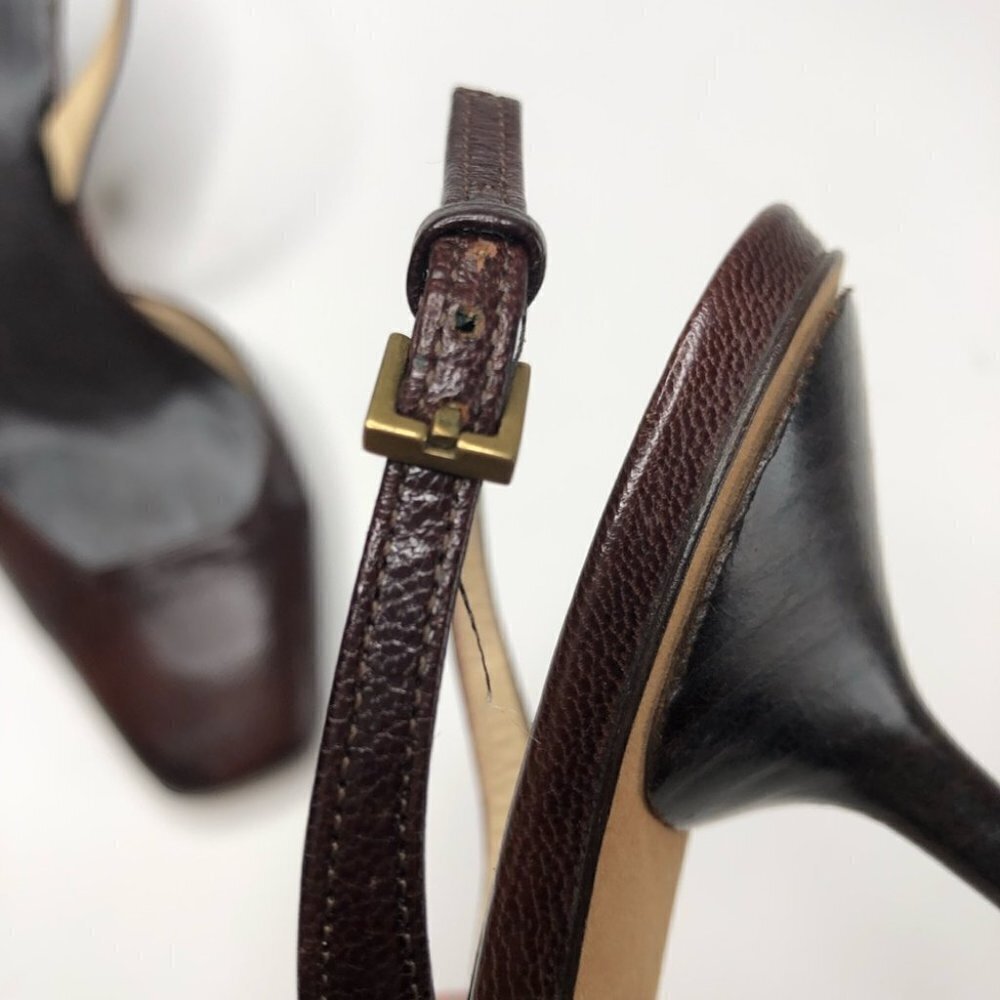 VINTAGE Gucci Leather Chocolate Brown Square Toe Slingback Designer Luxe Heels - Picture 9 of 16